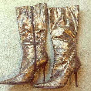 Golden snake skin patterned high heeled boots